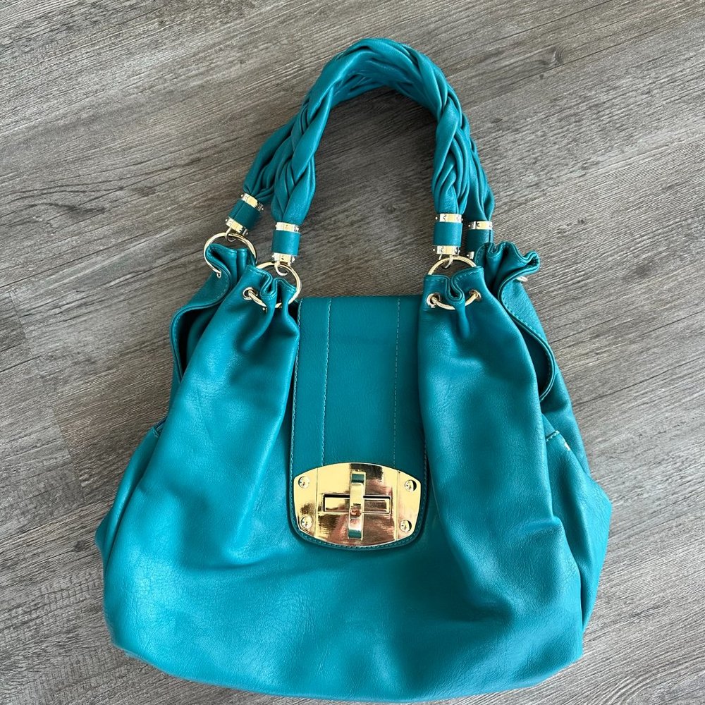 Teal Blue Charming Charlie Shoulder Handbag Purse with 3 Pockets Braided Strap